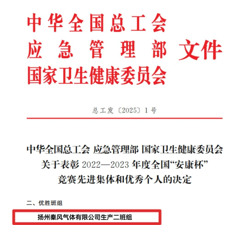 扬州HY豪运国际(中国区)官方网站生产二班组荣获“安康杯”优胜班组荣誉称号